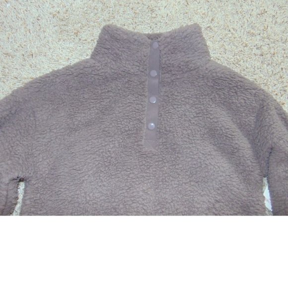 Womens Sherpa Sweater SO Brown Medium Collared Snap Neck Pullover Dolman Sleeves - Picture 4 of 6